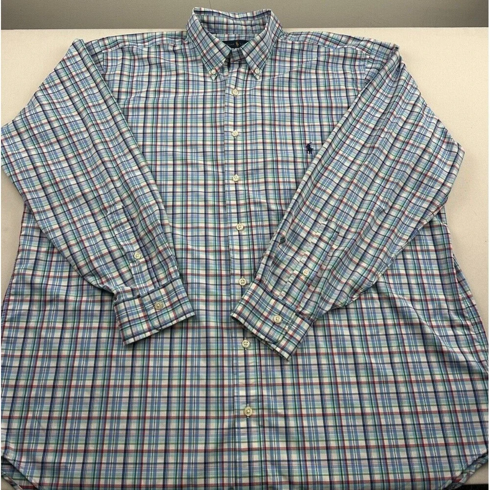 Polo Ralph Lauren Performance Shirt 1XB Blue Green Red White Check Long Sleeve‎